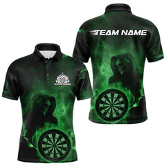 Maxcorners Custom Green Flame Grim Reaper Skull Dart Men Polo Shirts, Halloween Dart Team Outfits LM1610