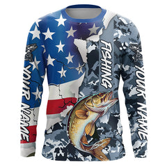 Maxcorners Custom American Flag Walleye Fishing Long Sleeve Shirts, Patriotic Camo Walleye Fishing Jerseys LM2408