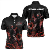 Maxcorners Custom Black And Red Flame Skeleton Bowling Polo Shirts For Men, Skull Bowling Jerseys