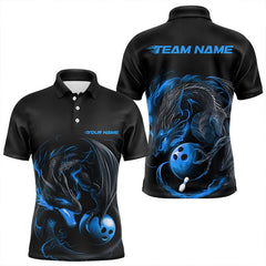 Maxcorners Custom Black And Blue Flame Dragon Bowling Polo Shirts For Men, Bowling Tournament Team Shirt