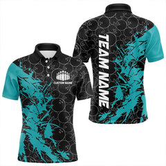 Maxcorners Black And Cyan Custom Bowling Tournament Polo Shirts For Men, Bowling Pattern Team Jerseys