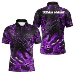 Maxcorners Custom Black And Purple Flame Dragon Bowling Men Polo Shirts, Dragon Bowling League Shirt LM2512
