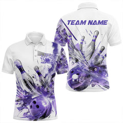 Maxcorners Custom White And Purple Custom Bowling Polo Shirts For Men, Bowling Tournament Team Shirt