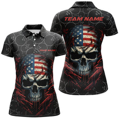 Maxcorners Custom American Flag Skull Bowling Shirts For Women, Patriotic Team Bowling Jerseys