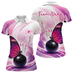 Maxcorners Custom Pink And Purple Butterfly Bowling Team Women Polo Shirt, Ladies Bowling Shirt LM2512