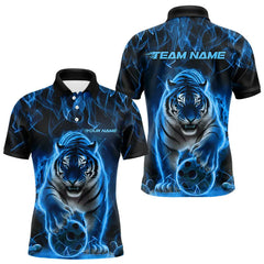 Maxcorners Custom Black And Blue Flame Tiger Bowling Team Polo Shirts For Men, Fire Bowling Jerseys