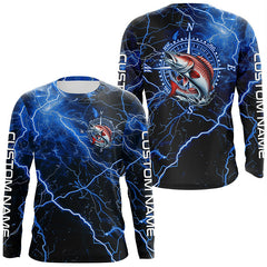 Maxcorners Black And Blue Thunder Lightning Redfish Red Drum Fishing Custom Long Sleeve Saltwater Fishing Shirt LM2408