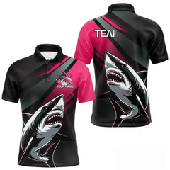 Maxcorners Custom Black And Pink Shark Bowling Jerseys, Bowling Team Uniform Shark Men Polo Shirts LM283