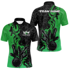 Maxcorners Custom Black And Green Flame Bowling Team Men Polo Shirts, Bowling League Shirt LM2711