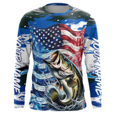 Maxcorners Custom American Flag Bass Long Sleeve Fishing Shirts, Patriotic Blue Camo Bass Fishing Jerseys LM0501