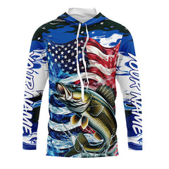 Maxcorners Custom American Flag Walleye Long Sleeve Fishing Shirts, Patriotic Blue Camo Walleye Fishing Jerseys LM0501