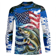 Maxcorners Custom American Flag Walleye Long Sleeve Fishing Shirts, Patriotic Blue Camo Walleye Fishing Jerseys LM0501