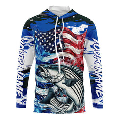 Maxcorners Custom American Flag Striped Bass Long Sleeve Fishing Shirts, Blue Camo Striper Fishing Jerseys LM0501