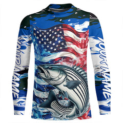 Maxcorners Custom American Flag Striped Bass Long Sleeve Fishing Shirts, Blue Camo Striper Fishing Jerseys LM0501