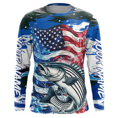 Maxcorners Custom American Flag Striped Bass Long Sleeve Fishing Shirts, Blue Camo Striper Fishing Jerseys LM0501