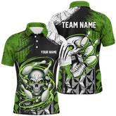 Maxcorners Green And Black Custom Skull Bowling Shirts, Short Sleeve Bowling Polo Shirts For Men
