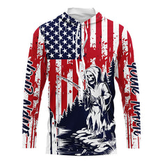 Maxcorners Custom American Flag Skull Patriotic Long Sleeve Fishing Shirts, Halloween Fishing LM0501