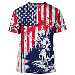 Maxcorners Custom American Flag Skull Patriotic Long Sleeve Fishing Shirts, Halloween Fishing LM0501