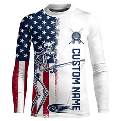Maxcorners Custom American Flag Skull Patriotic Long Sleeve Fishing Shirts, Halloween Fishing Outfit LM0501