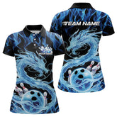Maxcorners Black And Blue Custom Flame Dragon Bowling Polo Shirts For Women, Bowling League Shirt