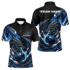 Maxcorners Custom Blue Flame Dragon Bowling Men Polo Team Shirts, Bowling Tournament Shirt TU3012