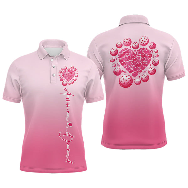 Maxcorners Custom Pink Heart Pickleball Polo Shirts For Men, Valentines Pickleball Couple Shirts