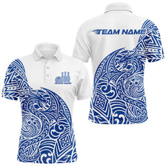 Maxcorners Custom Blue And White Tribal Dragon Men Bowling Polo Shirt, Polynesian Bowling Shirt TU2912