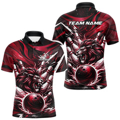 Maxcorners Custom Red Flame Bowling Ball Lion Bowling Jerseys, Lion Men Polo Bowling Shirt TU3012