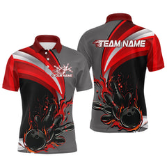 Maxcorners Custom Black, Red And Gray Flame Bowling Polo Shirts For Men, Bowling Team League Shirt