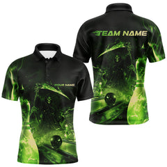 Maxcorners Custom Green Fire Flame Grim Reaper Bowling Polo Shirts For Men, Halloween Bowlers Outfit TU1908