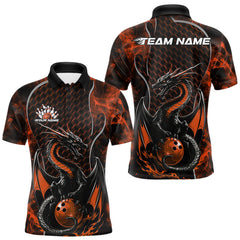 Maxcorners Custom Black And Orange Fire Flame Dragon Bowling Men Polo Shirt, Dragon Bowling Jersey LM1809
