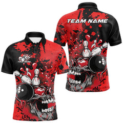 Maxcorners Custom Black And Red Splatter Skull Bowling Team Men Polo Shirt, Halloween Bowler Outfit TU1908