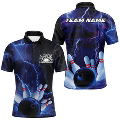 Maxcorners Custom Blue Thunder Lightning Bowling Ball And Pins Polo Shirts For Men, Team Uniform TU2107