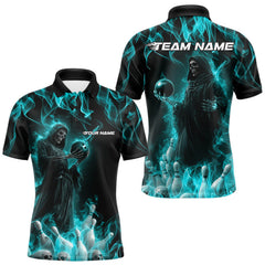 Maxcorners Custom Turquoise Blue Flame Grim Reaper Bowling Men Polo Shirts, Halloween Bowling Outfit TU1908