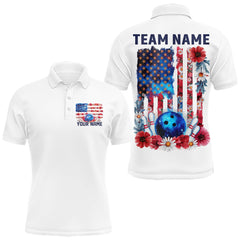 Maxcorners Custom Wild Flower Patriotic US Flag Bowling Polo Shirts For Men, Hippie Bowling Shirt TU1908