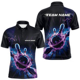 Maxcorners Custom Galaxy Blue And Purple Flame Bowling Polo Shirt For Men, Bowling League Team Uniform LM2707