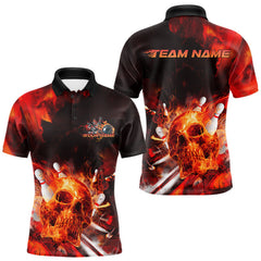 Maxcorners Custom Fire Flame Skull Bowling Polo Shirts For Men, Halloween Bowling Outfits LM2707