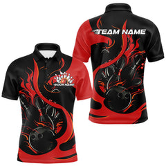 Maxcorners Custom Black And Red Flame Bowling Polo Shirts For Men, Bowling Tournament Team Uniform LM0706
