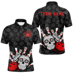 Maxcorners Custom Black And Red Sugar Skull Bowling Team Polo Shirts For Men, Bowling League Shirt LM0706