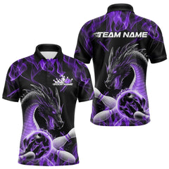 Maxcorners Custom Black And Purple Fire Flame Dragon Bowling Polo Shirt For Men, Dragon Bowling Jersey LM1109