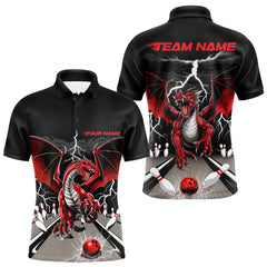 Maxcorners Custom Red Dragon On The Lane Bowling Polo Shirts For Men, Dragon Bowling Team Shirt