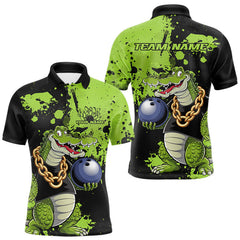 Maxcorners Custom Green Splatter Funny Alligator Bowling Men Polo Shirts, Bowling Team Shirts MT2009