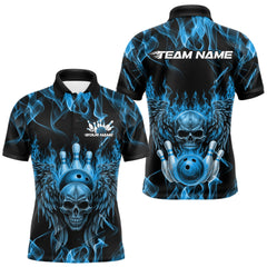 Maxcorners Custom Black And Blue Flame Skull With Wings Men Bowling Shirt, Halloween Team Shirt TU2511