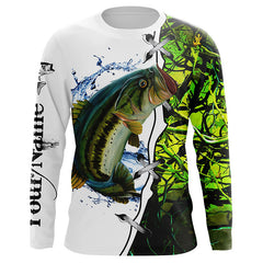MaxCorners Largemouth Bass Fishing Green Camouflage Customized Name 3D Long Sleeve Shirt