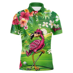 Maxcorners Personalized Green tropical flower flamingo golf shirt for Men custom team golf shirts TU0501