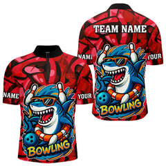 Maxcorners Funny Red Camo Shark Men Bowling Polo, Quarter Zip Shirts Custom Team Shark Bowling Outfit Jersey LM1506