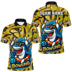 Maxcorners Funny Yellow Camo Shark Men Bowling Polo, Quarter Zip Shirts Custom Team Shark Bowling Outfit Jersey LM1506