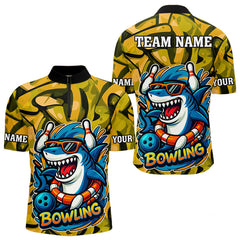 Maxcorners Funny Yellow Camo Shark Men Bowling Polo, Quarter Zip Shirts Custom Team Shark Bowling Outfit Jersey LM1506
