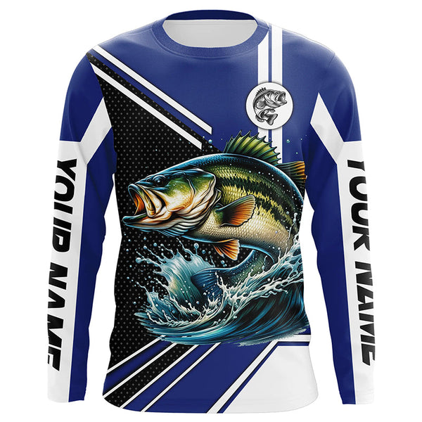 Maxcorners Personalized Largemouth Bass fishing Long Sleeve Performance Fishing Shirt, Bass fishing jersey | Blue MT2108