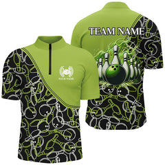 MaxCorners Bowling And Pins Green Camo Bowling Patten Customized Name, Team Name 3D Stand Collar Zipper Polo Shirt For Men